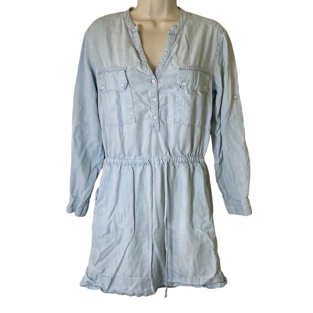 Gap Womens Chambray Shirt Dress Blue Light Wash Lyocell Small Roll Tab Sleeve